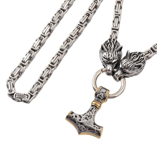 Männer Wikinger Mjölnir Anhänger Wolfskopf Königskette Halskette - Nordisch Odin Fenrir Keltischer Knoten Thor Hammer Amulett - Handgemachte Klobige 6MM Edelstahlkette Heidnischer Schmuck ( Color : Go von TQWSVUM