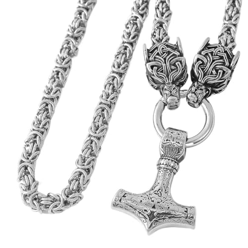 Männer Wikinger Wolfskopf Mit Mjölnir-Anhänger Halskette - Nordischer Keltischer Knoten Thors Hammer Edelstahl Königskette - Mode Vintage Odin Fenrir Kopf Tier Amulett Schmuck ( Color : Round Chain_70 von TQWSVUM