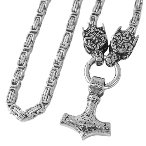 Männer Wikinger Wolfskopf Mit Mjölnir-Anhänger Halskette - Nordischer Keltischer Knoten Thors Hammer Edelstahl Königskette - Mode Vintage Odin Fenrir Kopf Tier Amulett Schmuck ( Color : Square Chain_6 von TQWSVUM