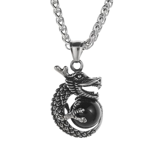 Nordic Viking Dragon Halskette - Männer Edelstahl Drache Hält Einen Ball Anhänger Halsketten - Handgemachte Vintage Cool Kristallperle Tier Amulett Schmuck Pullover Kette (Color : Black_60CM) von TQWSVUM