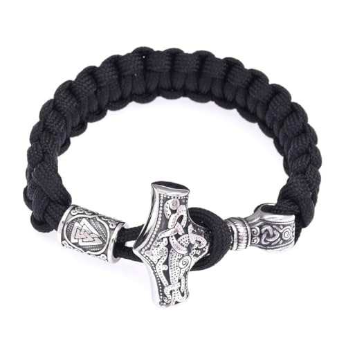 TQWSVUM Nordic Viking Thor's Hammer Armband Für Herren - Handgefertigtes Edelstahl Odin Crow Mjolnir Paracord Armband -Mittelalter Amulett Geflochtene Perlen Armband Tierschmuck(Mjolnir_21CM) von TQWSVUM