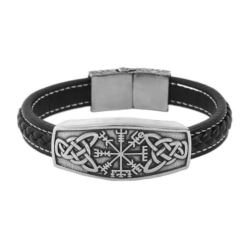 Nordic Viking Vegvisir Armband Für Männer - Edelstahl Keltischer Knoten Kompass Leder Geflochtenes Armband - Mode Vintage Wrap Wirstband Talisman Armreif Schmuck Geschenk ( Color : Silver_24CM ) von TQWSVUM