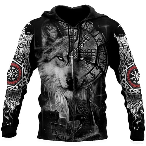 Nordische Mythologie Oversized Kapuzenpullover Mit Reißverschluss Sweatshirts - Viking Fenrir Casual Jacken Mit Kordelzug Für Herren - Mittelalterlicher Gothic Pullover Mit Krähendruck ( Color : Wolf von TQWSVUM