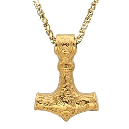 Nordischer Wikinger Odin Mjölnir Halskette Für Männer - Handgefertigter Keltischer Knoten Aus Edelstahl Thors Hammer Anhänger - Vintage Dreiecksknoten Amulett Biker Schmuck Als Geschenk ( Color : Gold von TQWSVUM