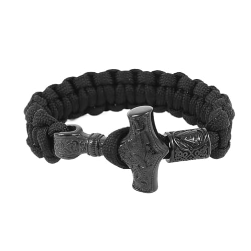 Nordisches Wikinger Thors Hammer Armband Für Herren – Handgefertigtes Mjolnir Paracord-Armband Aus Geflochtenem Seil Aus Edelstahl - Vintage Odin Symbol Valknut Bead Amulett Schmuck ( Color : Black_23 von TQWSVUM