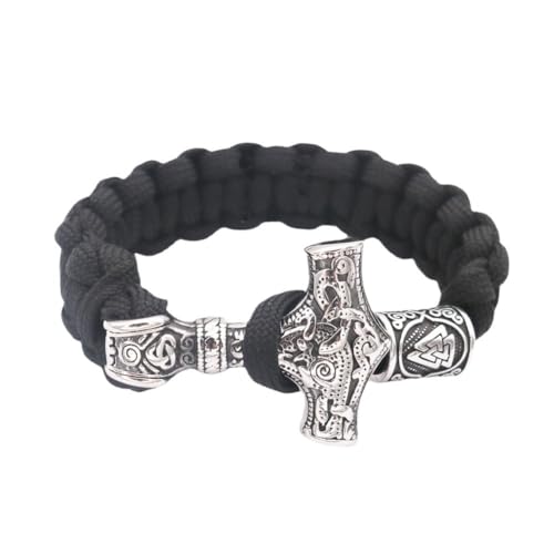 Nordisches Wikinger Thors Hammer Armband Für Herren – Handgefertigtes Mjolnir Paracord-Armband Aus Geflochtenem Seil Aus Edelstahl - Vintage Odin Symbol Valknut Bead Amulett Schmuck ( Color : Silver_1 von TQWSVUM