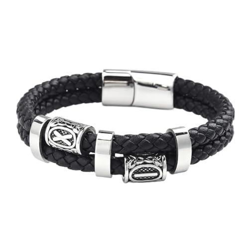 TQWSVUM Doppelreihiges Schwarzes Geflochtenes Lederarmband Für Herren - Nordic Viking Celtic Knot Edelstahl Perlenarmband - Handgefertigte Vintage Mode Pagan Amulett Schmuck (Color : Silver_19CM) von TQWSVUM