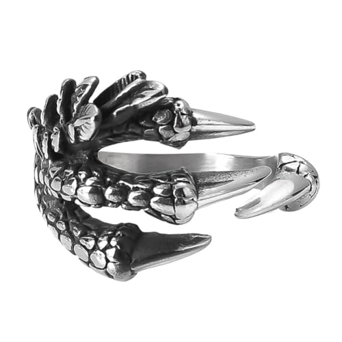 TQWSVUM Dragon Claw Open Ring Für Männer - Nordic Viking Edelstahl Vintage Dragon Claw Ring - Handgefertigter Punkrock Gothic Animal Amulett Ring Mode Statement Schmuck (Color : Silver, Size : 09) von TQWSVUM