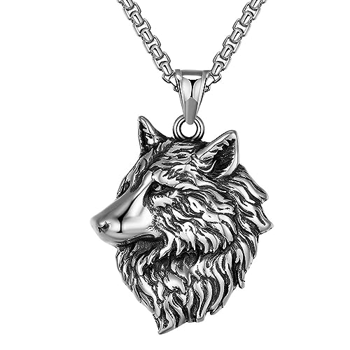 DFWY Fenrir Halskette Für Männer - Wikinger Vintage Wolfskopf Anhänger Halskette -Nordische Mythologie Odin Wolf Edelstahl Tier Talisman Pullover Schlüsselbein Kette Heidnischer Schmuck von TQWSVUM