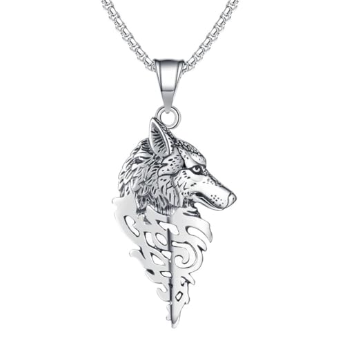 TQWSVUM Fenrir Wolf Halskette Für Männer - Nordischer Wikinger Odin Wolfskopf Anhänger Schlüsselbeinkette - Vintage Edelstahl Keltischer Wolf Amulett Tier Cool Schmuck Heidnische Teen Accessoires von TQWSVUM