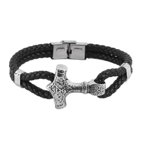 TQWSVUM Herren Wikinger Edelstahl Thor Hammer Armbänder - Doppellagiger Mjölnir Anhänger Leder Geflochtenes Armband - Nordic Triple Horn of Odin Amulett Armband Gothic Schmuck (Color : Silver_20CM) von TQWSVUM