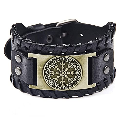 TQWSVUM Herren Wikinger Helm Der Ehrfurcht Lederarmbänder, Handgemachte Verstellbare Schnalle Lederschnüre Geflochtenes Armband, Nordische Aegishjalmur Talisman Armreifen Schmuckgeschenk(Bronze) von TQWSVUM