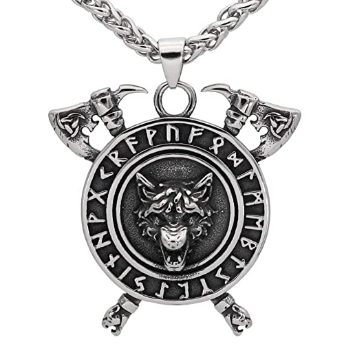 TQWSVUM Herren Wikinger Keltischer Wolf Anhänger Halskette, Nordic Triple Horn of Odin Axe Edelstahl Halskette, Mittelalter Pagan Skandinavischer Schmuck von TQWSVUM
