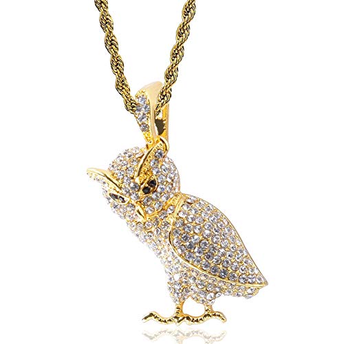 TQWSVUM Hip Hop Iced Out Bling Eule Anhänger Halskette Für Männer Frauen, Handgefertigte 18 Karat Vergoldete Edelstahl-Twist-Kette, Rapper Street Rock Fashion Charm Schmuck von TQWSVUM