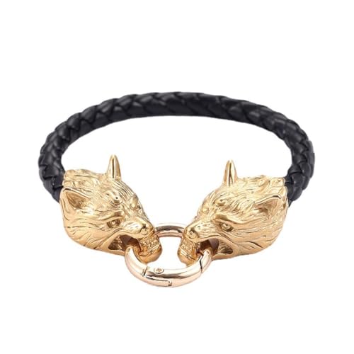 TQWSVUM Männer Viking Wolf Fenrir Leder Armband - Edelstahl Odin Wolf Köpfe Geflochtenes Seil Manschette Armband - Unisex Nordische Heidnische Tier Amulett Armreif Schmuck (Color : Gold_23CM) von TQWSVUM