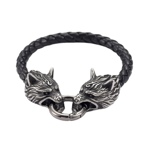 TQWSVUM Männer Viking Wolf Fenrir Leder Armband - Edelstahl Odin Wolf Köpfe Geflochtenes Seil Manschette Armband - Unisex Nordische Heidnische Tier Amulett Armreif Schmuck (Color : Vintage_21CM) von TQWSVUM