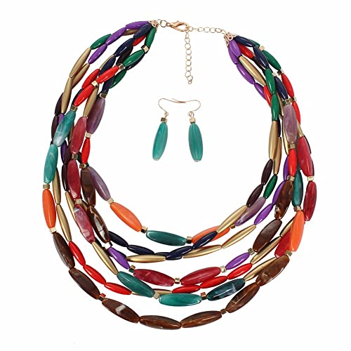 TQWSVUM Mehrschichtige Farbperlen-Halskette Für Frauen, Mode Harz Perlenanhänger Bohemian Choker Ohrringe Set, Handgefertigter Verstellbarer Brauthochzeitsschlüsselbeinkettenschmuck von TQWSVUM