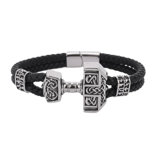 TQWSVUM Mjölnir Armband Für Herren - Viking Thors Hammer Schwarzes Leder Seil Geflochtenes Armband - Nordic Vintage Edelstahl Keltischer Knoten Mjolnir Wickelarmband Schmuck (Color : Silver_18CM) von TQWSVUM