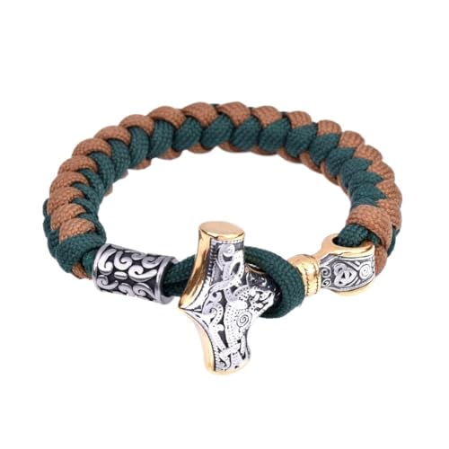 TQWSVUM Nordic Viking Thor's Hammer Wolf Paracord Armband - Männer Frauen Edelstahl Geflochtenes Seil Manschette Armband - Mode Vintage Perle Talisman Armreif Schmuck (Color : Mjolnir B_19CM) von TQWSVUM