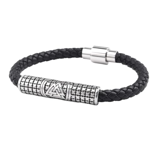 TQWSVUM Nordic Viking Valknut Perlen Geflochtenes Lederarmband Für Männer - Einlagiges Edelstahl Odin Symbol Perlen Armband - Vintage Leder Kordel Manschette Armreif Modeschmuck (Color : Silver_21CM) von TQWSVUM