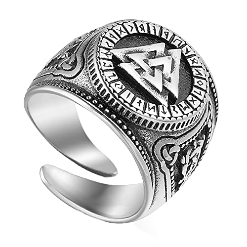 TQWSVUM Nordic Viking Valknut Runenring, Herren Edelstahl Odin Symbol Amulett Siegelring, Nordisch Skandinavisch Celtic Pagan Einstellbarer Offener Ring Größe 7-12(10) von TQWSVUM