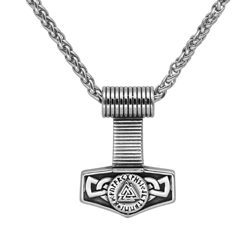 TQWSVUM Nordische Mjölnir Halskette Für Männer - Wikinger Rune Valknut Thor's Hammer Amulett Anhänger - Handgemachte Edelstahl Odin Dreieck Symbol Punk Hip Hop Charm Schmuck von TQWSVUM