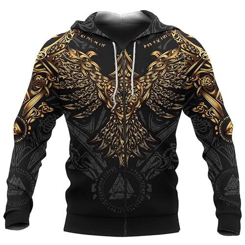 TQWSVUM Nordische Mythologie Oversized Kapuzenpullover Mit Reißverschluss Sweatshirts - Viking Fenrir Casual Jacken Mit Kordelzug Für Herren - Mittelalterlicher Gothic Pullover Mit Krähendruck von TQWSVUM