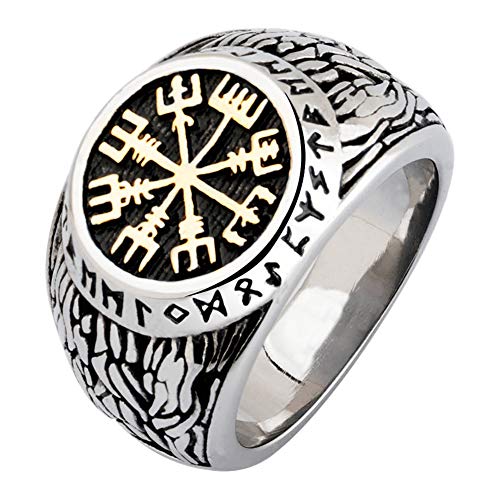TQWSVUM Nordische Piraten Wikinger Kompass Vegivisir Ringe, Edelstahl Vintage Futhark Amulett Ring, Nordische Mythologie Heidnischer Skandinavischer Schmuck Für Männer Frauen von TQWSVUM