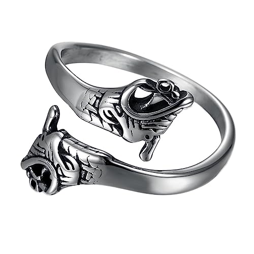 TQWSVUM Nordischer Wikinger Doppel Drachenkopf Ring - Herren Edelstahl Drache Verstellbarer Öffnungsring - Handgefertigter Vintage Ouroboros Fingerring Tier Amulett Schmuck (Style : Silver_11) von TQWSVUM