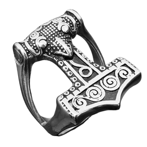 TQWSVUM Nordischer Wikinger Mjölnir Ring -Männer Frauen Odin Rabenkopf Thors Hammer Edelstahl Ring -Handgefertigter Polierter Schwermetall Vintage Mode Tier Amulett Schmuck(Silver_12) von TQWSVUM