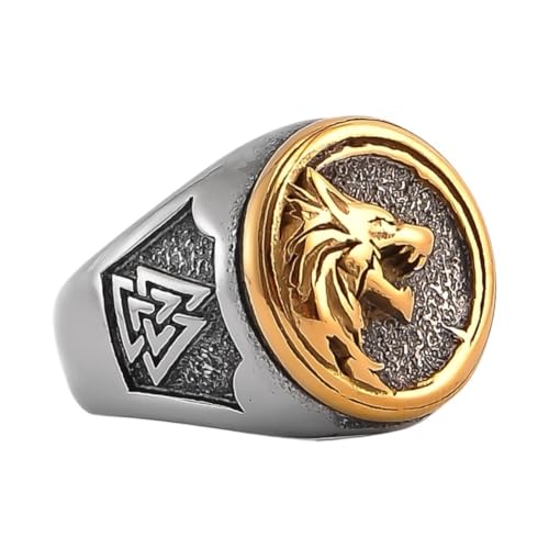 TQWSVUM Nordischer Wikinger Wolf Ring Für Männer - Edelstahl Zweifarbiger Wolfskopf Valknut Siegelring - Mode Hip Hop Straße Vintage Odin Fenrir Tierring Isländischer Schmuck(07) von TQWSVUM