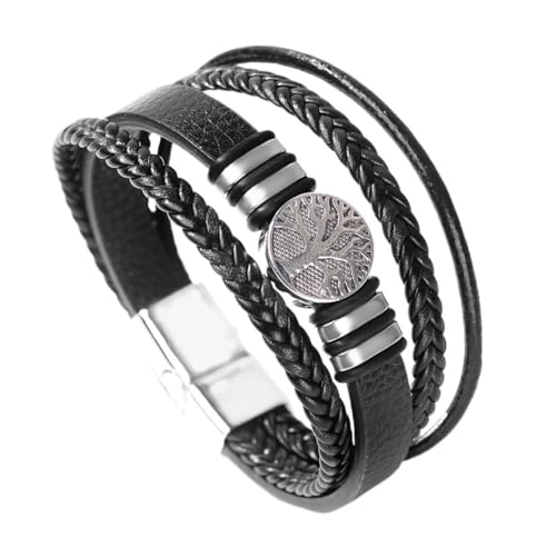 TQWSVUM Nordischer Wikinger Yggdrasil Lederarmband - Frauen Männer Mehrlagige Lederkordeln Geflochtener Baum Des Lebens Perlenarmband - Vintage Amulett Manschette Armreif Schmuck (Color : Black_19CM) von TQWSVUM