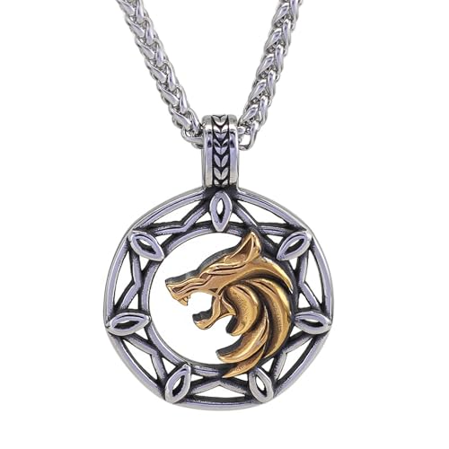TQWSVUM Nordischer Wolf Fenrir Halskette - Männer Wikinger Wolfskopf Edelstahl Anhänger Halskette - Handgemachte Vintage Odin Tier Amulett Schlüsselbein Kette Pagan Schmuck von TQWSVUM