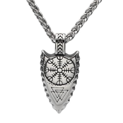 TQWSVUM Speerkopf Halsketten Für Männer - Nordische Wikinger Helm Der Ehrfurcht Pfeilspitze Edelstahl Anhänger Amulett Mit Weizenkette - Handgemachter Charme Vintage Schutz Schmuck Geschenke von TQWSVUM