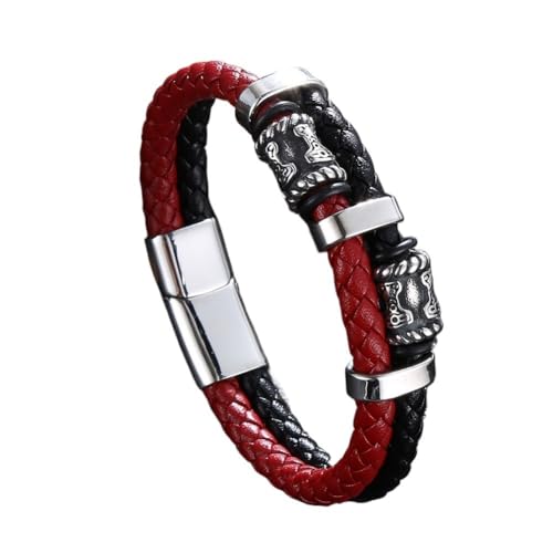 TQWSVUM Thor's Hammer Lederarmband Für Herren - Wikinger Mjolnir Perlen Perlen Weben Seil Armreifen - Doppellagige Geflochtene Ledermanschette Armband Paar Schmuck (Color : Red_215MM) von TQWSVUM