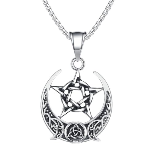 TQWSVUM Triple Moon Göttin Halskette - Frauen Männer Edelstahl Keltischer Triquetra Knoten Amulett Anhänger - Ausgehöhltes Pentagramm Halbmond Irischer Knoten Heidnischer Gothic Schmuck von TQWSVUM