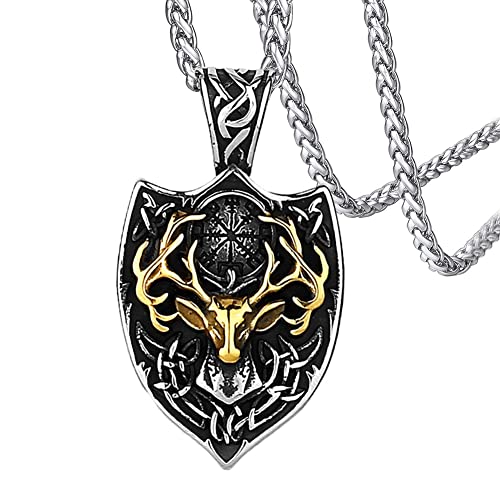 TQWSVUM Viking Hirsch Geweih Anhänger Halskette, Zweifarbige Edelstahl Hirschkopf Schild Rune Talisman, Männer Frauen Vintage Keltische Mythologie Kompass Nordic Schmuck von TQWSVUM