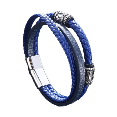 TQWSVUM Viking Mjolnir Perlen Lederarmband Für Männer Frauen - Mehrlagiges Geflochtenes Lederkordel Wrap Armband - Nordic Edelstahl Thor's Hammer Bead Cuff Armband Schmuck (Color : Blue_215MM) von TQWSVUM