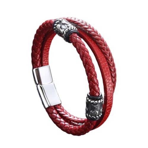 TQWSVUM Viking Mjolnir Perlen Lederarmband Für Männer Frauen - Mehrlagiges Geflochtenes Lederkordel Wrap Armband - Nordic Edelstahl Thor's Hammer Bead Cuff Armband Schmuck (Color : Red_205MM) von TQWSVUM