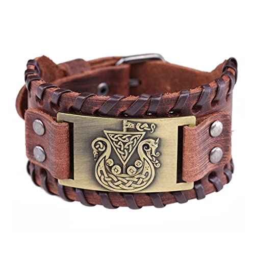 TQWSVUM Viking Piratenschiff Irisches Knoten Manschettenarmband - Nordic Odin Triangle Metall Amulett Wide Leder Geflochtenes Armband - Männer Frauen Mode Punk Hip Hop Party Accessoires von TQWSVUM