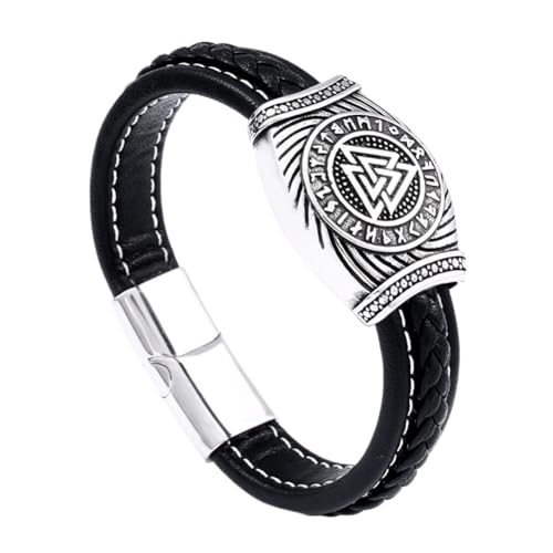 TQWSVUM Viking Valknut Leder Geflochtenes Armband Für Männer – Nordischer Edelstahl Runen Odins Dreieck Symbol Lederarmband – Unisex Vintage Manschettenarmreif Amulett Schmuck (Color : Silver_22CM) von TQWSVUM