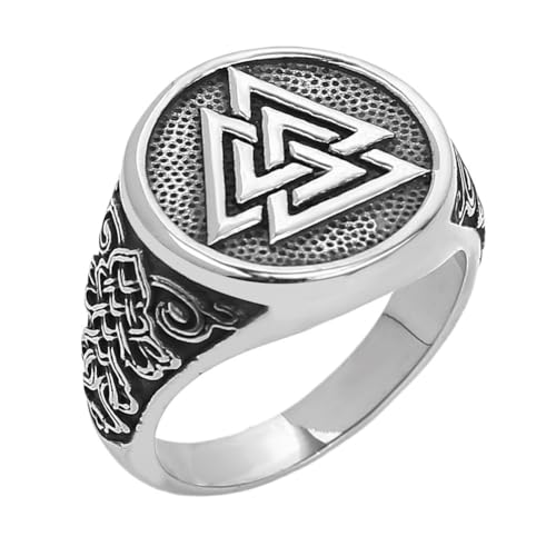TQWSVUM Viking Valknut Ring Für Herren - Nordisches Odin Dreieck Symbol Siegel Edelstahlring - Mode Hip Hop Biker Vintage Amulett Keltischer Knoten Ring Schutzschmuck (Color : Silver, Size : 07) von TQWSVUM
