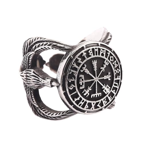 TQWSVUM Viking Vegvisir Kompass Ring Für Herren - Nordische Mythologie Odin Huginn Und Muninn Edelstahlring - Vintage Mode Gothic Rabe Ring Tierschmuck (Color : Silver, Size : 07) von TQWSVUM