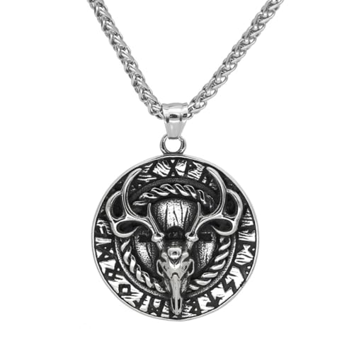 TQWSVUM Wikinger Hirschkopf Halskette Für Männer - Nordic Vintage Elch Schädel Edelstahl Anhänger - Handgemachtes Metall Polierte Mode Hip Hop Biker Tier Amulett Schmuck von TQWSVUM