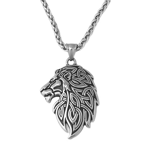 TQWSVUM Wikinger Keltischer Knoten Löwe Halskette - Nordischer Edelstahl Triquetra Knoten Löwenkopf Anhänger Halskette Für Männer Frauen - Handgemachter Vintage Hip Hop Tier Pirat Amulett Schmuck von TQWSVUM