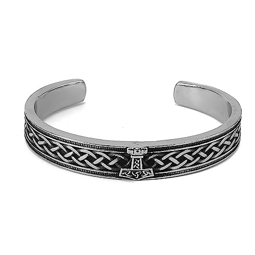 TQWSVUM Wikinger Mjolnir Offener Armreif - Nordic Odin Thors Hammer Manschette Armband Für Herren - Handgefertigter Edelstahl Mode Triquetra Keltisches Knotenmuster Amulettschmuck (Style : Silver) von TQWSVUM