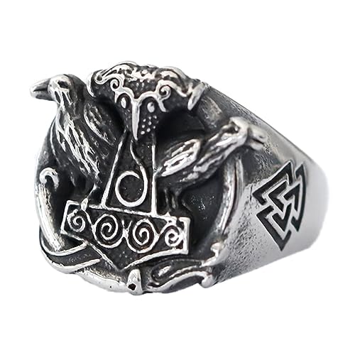TQWSVUM Wikinger Rabe Mjölnir Ring - Herren Edelstahl Valknut Thor Hammer Ring - Nordisch Ouroboros Krähenköpfe Odin Symbol Siegelring Tier Amulett Vintage Schmuck(Silver_12) von TQWSVUM