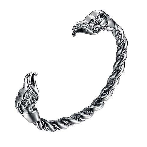 TQWSVUM Wikinger Raben Armreif -Herren Armband Mit Gedrehten Krähenköpfen Aus Edelstahl - Nordische Mythologie Odin Krähe Tier Amulett Verstellbares Armband Schmuck Geschenk von TQWSVUM