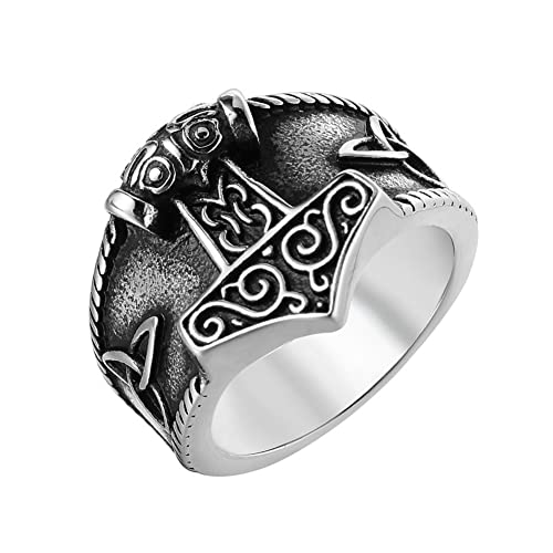 TQWSVUM Wikinger Thor Hammer MjöLnir Ring - Nordic Herren Edelstahl Odin Keltischer Knoten Ring - Vintage Handgemachte Polierte Punk Tier Amulett Schmuck von TQWSVUM