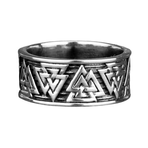 TQWSVUM Wikinger Valknut Ring - Nordic Odin Triangle Knot Symbol Edelstahlring Für Männer Frauen - Unisex Handgefertigter Polierter Vintage Amulett Piratenring Schutzschmuck (Color : Silver_12) von TQWSVUM